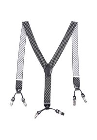 Tiranti a scacchi bianco e nero con connettore in pelle, dotati di clip metalliche per il fissaggio e un design a forma di Y sul retro.