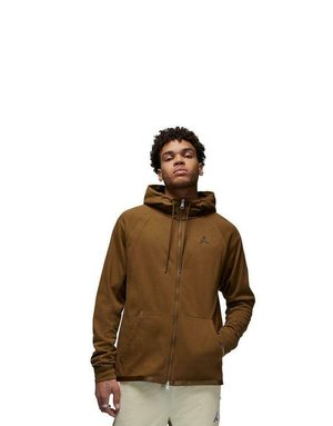 Sudadera con cremallera en color marrón, de textura ligera, con bolsillos frontales, capucha ajustable y detalle del logo en el pecho.