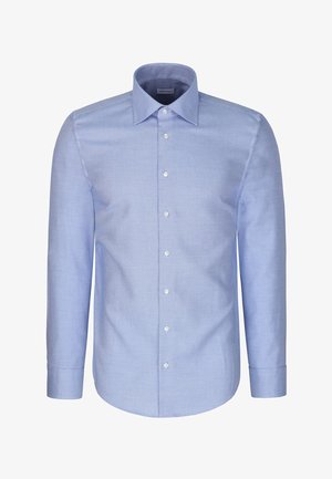 Chemise habillée homme bleu clair à manches longues avec fermeture boutonnée sur le devant et col pointu, présentant un motif texturé subtil.