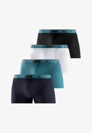 Dunkelblaue Boxershorts mit körperbetontem Design, elastischem Bund mit türkisem Text "NICHT FÜR JEDEN", glatte Textur.