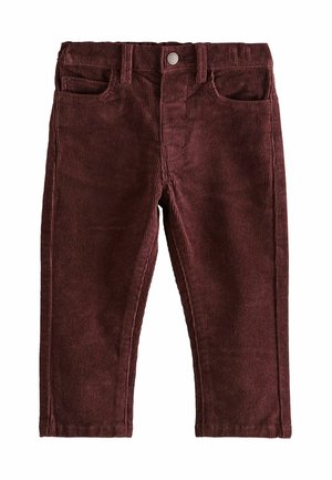 Pantaloni di velluto a coste color bordeaux per bambini piccoli, con tasche anteriori, passanti per cintura e chiusura con bottone in vita.