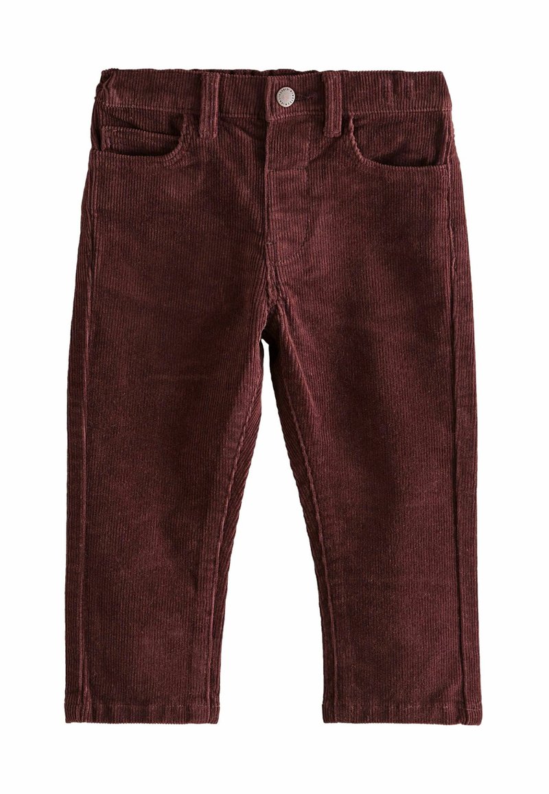 Pantalon en velours côtelé couleur bordeaux pour tout-petit, avec des poches avant, des passants de ceinture et une fermeture à bouton à la taille.
