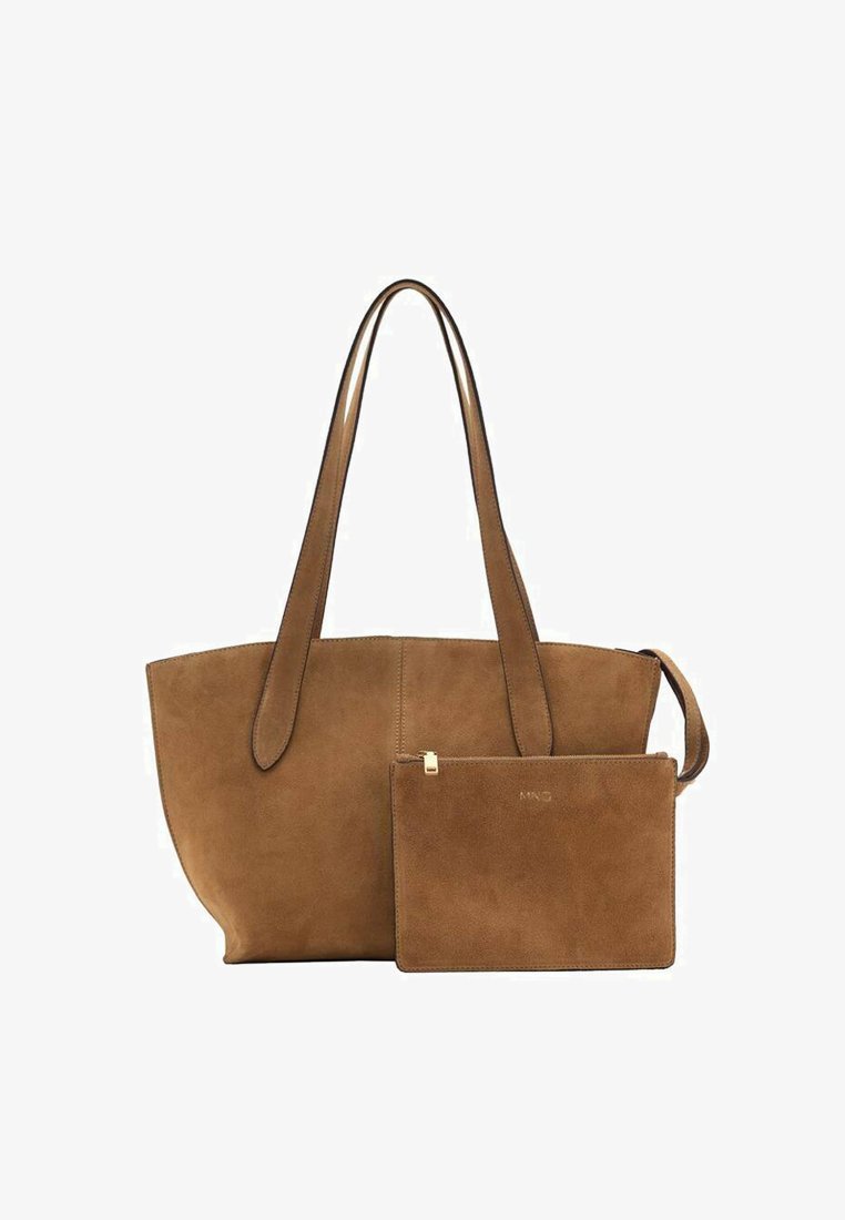 Brown suede tote bag with long handles, featuring a matching small pouch. Smooth texture and minimalistic design with no visible hardware.