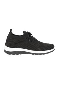 Sneaker in maglia nera con parte superiore flessibile, chiusura con lacci e suola intermedia in gomma bianca. Superficie testurizzata e design della punta arrotondata.