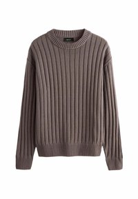 Pull en gris tricoté avec des côtes verticales, col rond, et poignets et ourlet côtelés. Fabriqué en tissu doux, il présente un design à coupe décontractée.