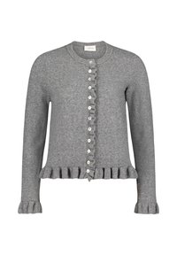 Grau gestrickte Strickjacke mit rundem Ausschnitt, Rüschensaum und -manschetten sowie einer Reihe runder Knöpfe an der Vorderseite. Strukturiertes Gewebe.
