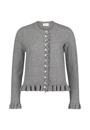 Grau gestrickte Strickjacke mit rundem Ausschnitt, Rüschensaum und -manschetten sowie einer Reihe runder Knöpfe an der Vorderseite. Strukturiertes Gewebe.