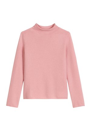 Rosa langärmliger Rollkragenpullover aus weichem Stoff, mit taillierter Passform und nahtlosen Schultern, mit einer glatten und leicht strukturierten Oberfläche.