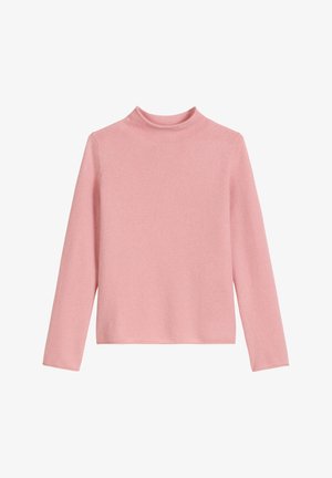 Rosa langärmliger Rollkragenpullover aus weichem Stoff, mit taillierter Passform und nahtlosen Schultern, mit einer glatten und leicht strukturierten Oberfläche.