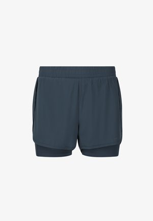 Mørkegrå atletikshorts med elastisk linning og indbygget kompressionslag, der går under de ydre shorts.