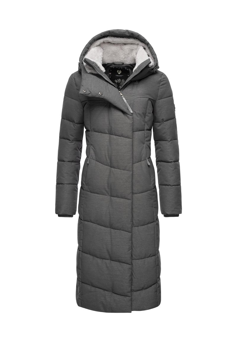 Pilka pūsta striukė su vilnos pamušalu kapišone, ilga silueto, siuvinėta tekstūra ir priekinio užtrauktuko, su spaudžiamosiomis detalių ir šoninėmis kišenėmis.