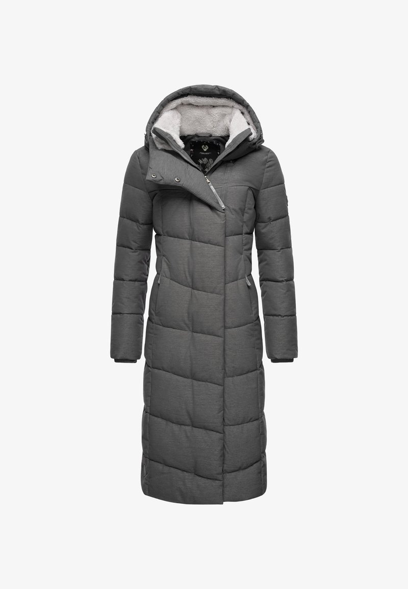 Pilka pūsta striukė su vilnos pamušalu kapišone, ilga silueto, siuvinėta tekstūra ir priekinio užtrauktuko, su spaudžiamosiomis detalių ir šoninėmis kišenėmis.