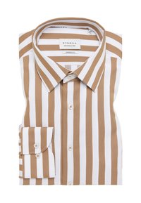 Bruin en wit gestreept shirt met een moderne pasvorm, met een button-down kraag, lange mouwen met manchetten en kleine plastic knopen.