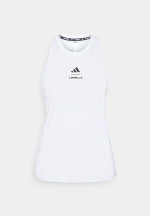 Canottiera sportiva bianca con scollo rotondo, fessure laterali e logo "LesMills" in nero. Realizzata in materiale leggero e traspirante.