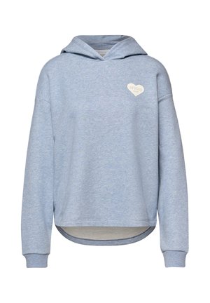 Sweatshirt à capuche bleu clair à manches longues avec un petit logo "Studio Club" en forme de cœur blanc sur la poitrine.