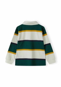Groen en wit gestreepte lange mouwen polo met gele en marineblauwe accenten. Bevat een klassieke kraag en geribbelde manchetten. Gemaakt van katoen.