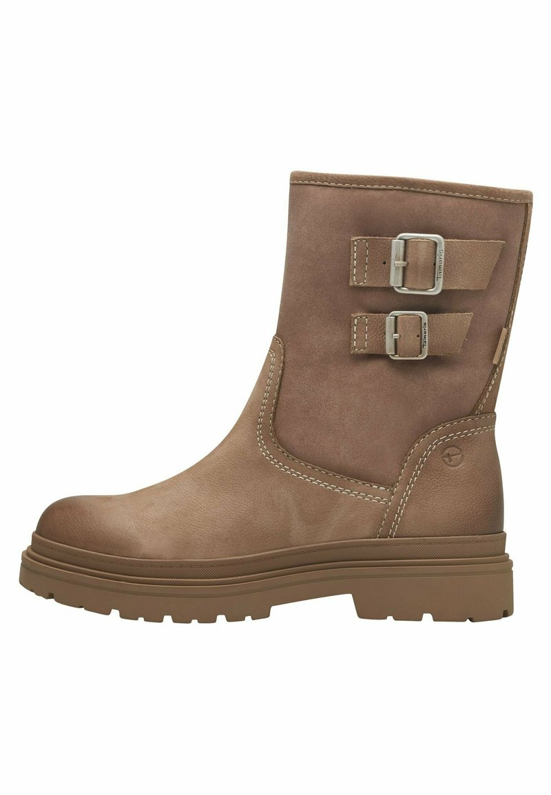Braune Lederknöchelstiefel mit zwei Metall-Schnallen, Gummi-Außensohle, runder Zehenform, kontrastierenden Nähten und leicht erhöhtem Absatz.