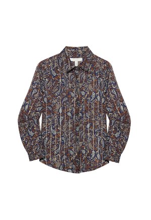 Košile na knoflíky s námořnickým pozadím a složitými krémovými a rezavými květinovými vzory. Vyrobena z lehkého materiálu, s límečkem a dlouhými rukávy.