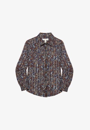 Košile na knoflíky s námořnickým pozadím a složitými krémovými a rezavými květinovými vzory. Vyrobena z lehkého materiálu, s límečkem a dlouhými rukávy.