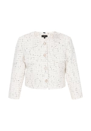 White tweed jacket with a textured grid pattern, round neckline, long sleeves, and four buttons. Two patch pockets on the front.