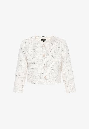 Biała marynarka z tweedu o teksturowanym wzorze kratki, okrągłym dekolcie, długich rękawach i czterema guzikami. Dwie naszywane kieszenie z przodu.