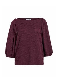 Hedvábná blůza s dlouhým rukávem v barvě švestkové s texturovanou tkaninou a mírně nabíranými rukávy, kulatým výstřihem a elastickými manžetami.