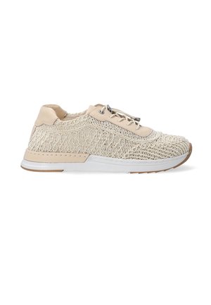 Beige Sneaker mit strukturiertem Gewebe-Obermaterial, glatten Lederakzenten und weißer Gummisohle. Verfügt über eine Schnürung und dezente Designelemente.