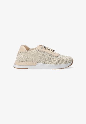 Beige sneakers with textured woven fabric upper, smooth leather accents, and white rubber sole. Features lace-up closure and subtle design lines.