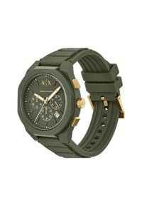 Orologio in silicone verde con cassa ottagonale, dettagli dorati e cinturino testurizzato. Presenta tre quadranti secondari e un display della data.
