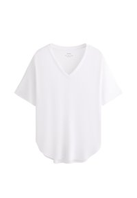 T-shirt blanc à manches courtes avec un col en V, fabriqué en tissu doux, présentant une coupe décontractée et un ourlet légèrement courbé.