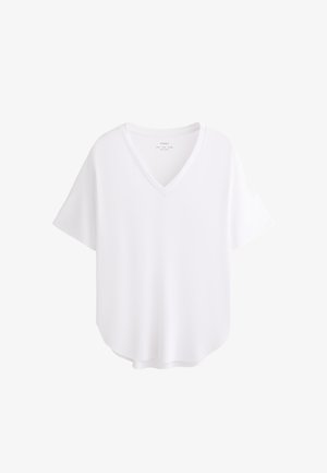 T-shirt bianca a maniche corte con scollatura a V, realizzata in tessuto morbido, con vestibilità ampia e orlo leggermente curvato.