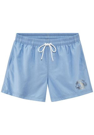 Hellblaue Badeshorts mit elastischem Bund und weißem Kordelzug, Seitentaschen und kleinem Strandlogo am linken Bein.