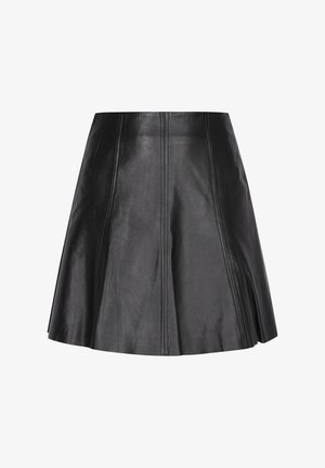 Black leather skirt featuring a flared design, visible stitching, and a smooth texture. No pockets or additional embellishments.