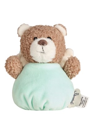 Brauner Plüschbär mit lockigem Fell, weißem Gesicht und schwarzer Nase, der eine mintgrüne Tasche trägt. Er hat kleine Ohren und braune Pfoten sowie eine weiche Textur.