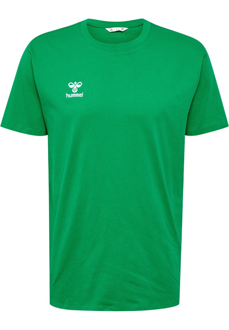 Grøn bomulds T-shirt med rund hals, korte ærmer og kontrastfarvet hvid "hummel" logo på venstre bryst. Glat tekstur, afslappet pasform.