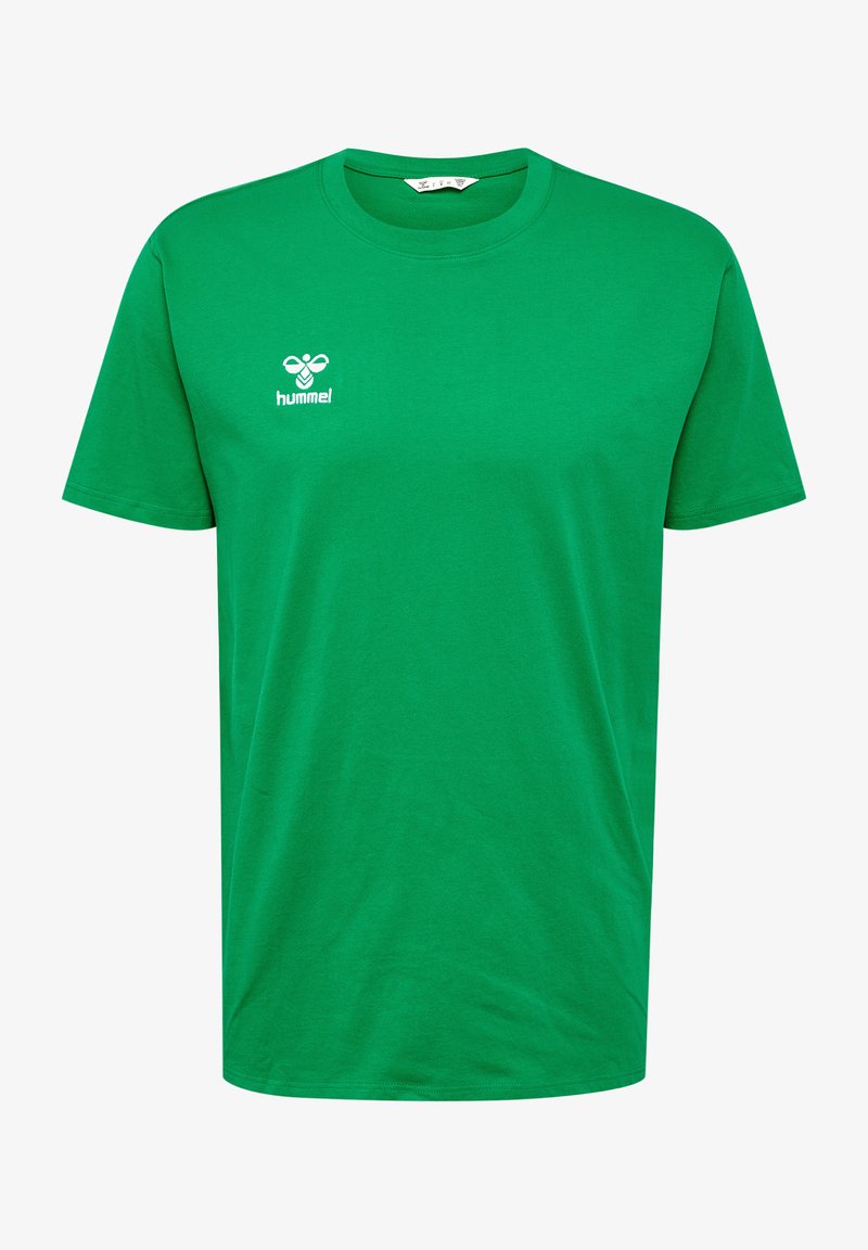 Grøn bomulds T-shirt med rund hals, korte ærmer og kontrastfarvet hvid "hummel" logo på venstre bryst. Glat tekstur, afslappet pasform.