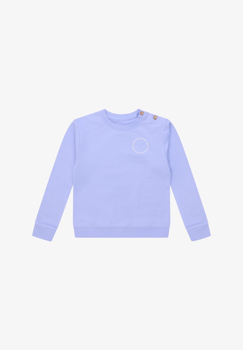 Helllila Sweatshirt aus Baumwolle, mit langen Ärmeln, rundem Ausschnitt und zwei dekorativen Knöpfen auf der linken Schulter.