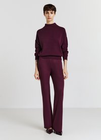 Maglione a collo alto di colore bordeaux, abbinato a pantaloni aderenti coordinati. Tessuto morbido e vestibilità comoda.