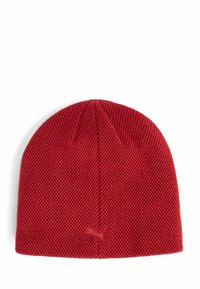 Czerwona dziana czapka beanie z siateczkową teksturą, zaokrąglonym szczytem i małym haftowanym logo z przodu.