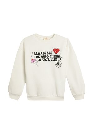 Sweat-shirt blanc à manches longues, col rond, avec du texte noir et des graphismes colorés : un cœur rouge, des fleurs et des étoiles.