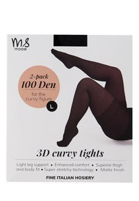 Zwarte 3D curvy panty’s in een 2-pack, 100 denier, met een matte afwerking, rekbaar materiaal en ontworpen voor een curvy figuur. Maat L.
