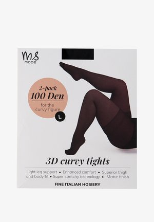 Zwarte 3D curvy panty’s in een 2-pack, 100 denier, met een matte afwerking, rekbaar materiaal en ontworpen voor een curvy figuur. Maat L.