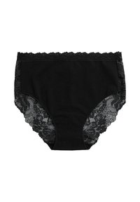 Braguitas negras de talle alto con un elegante borde de encaje floral en la cintura y las piernas, y un cuerpo de algodón sólido para mayor comodidad y cobertura.