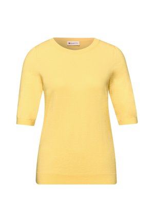 Pull en maille jaune à manches courtes avec encolure ronde et poignets et ourlet côtelés.