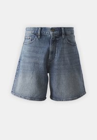 Jeansshorts i ljusblått, med hög midja, vid ben och en klassisk knapp- och dragkedjestängning, med en blekt tvätt och femficksdesign.