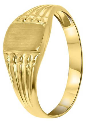 Gouden ring met een vlak gepolijste oppervlakte, verticale groeven, ronde randen en een gladde binnenband.