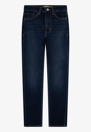 Jean en denim bleu foncé avec fermeture frontale à bouton et zip, design cinq poches et coupe droite.