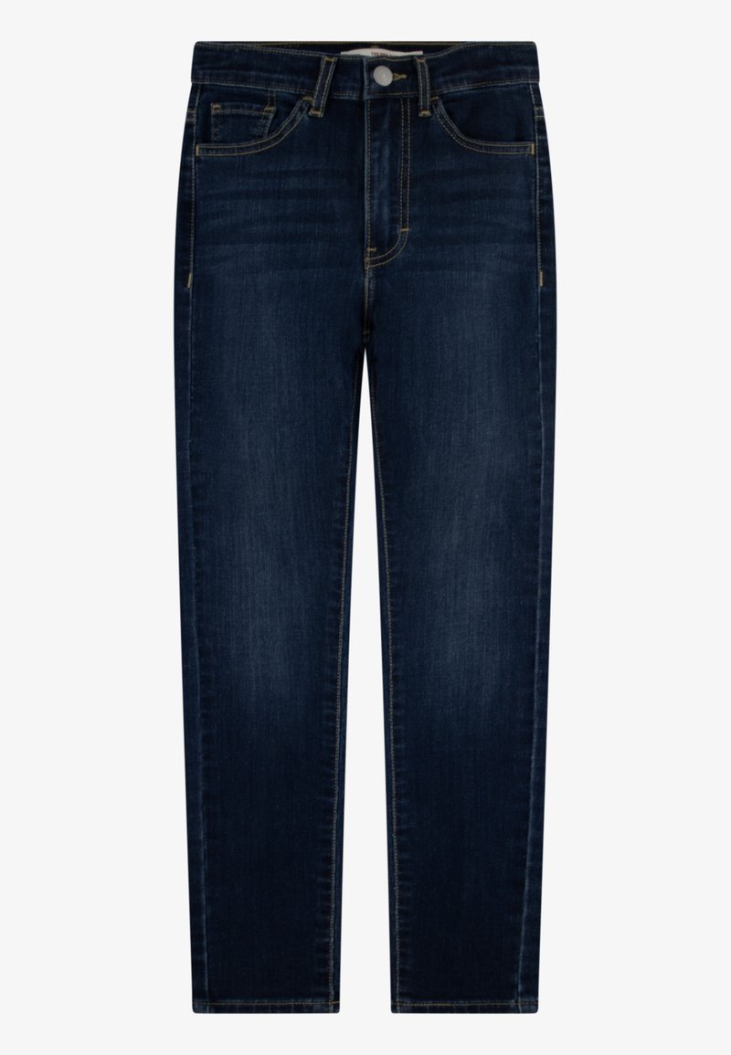 Jean en denim bleu foncé avec fermeture frontale à bouton et zip, design cinq poches et coupe droite.