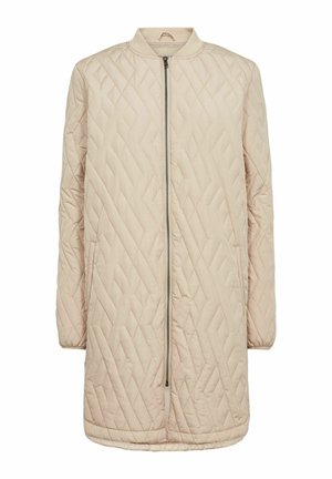 Beige Steppmantel mit Rundhalsausschnitt und Reißverschluss vorne. Mit langen Ärmeln und geradem Schnitt, der ein Rautenmuster zeigt.