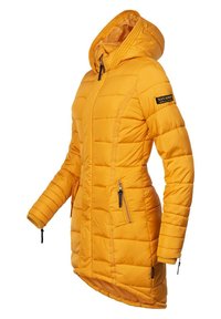 Yellow puffer jacket with a hood, featuring zippered side pockets, quilted texture, and an angled hem for added coverage.